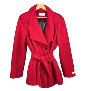 Calvin Klein Red Wool Belted Wrap Coat Women’s 14 Fully Lined Designer Jacket